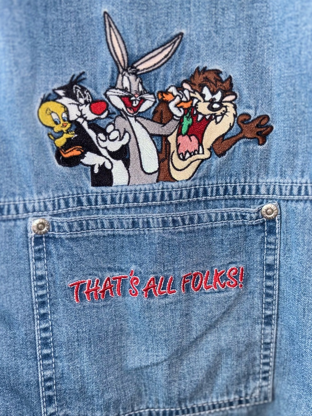 Vintage 90s Warner Bros Looney Tunes Denim Jumper Dress XL Embroidered - Picture 3 of 5